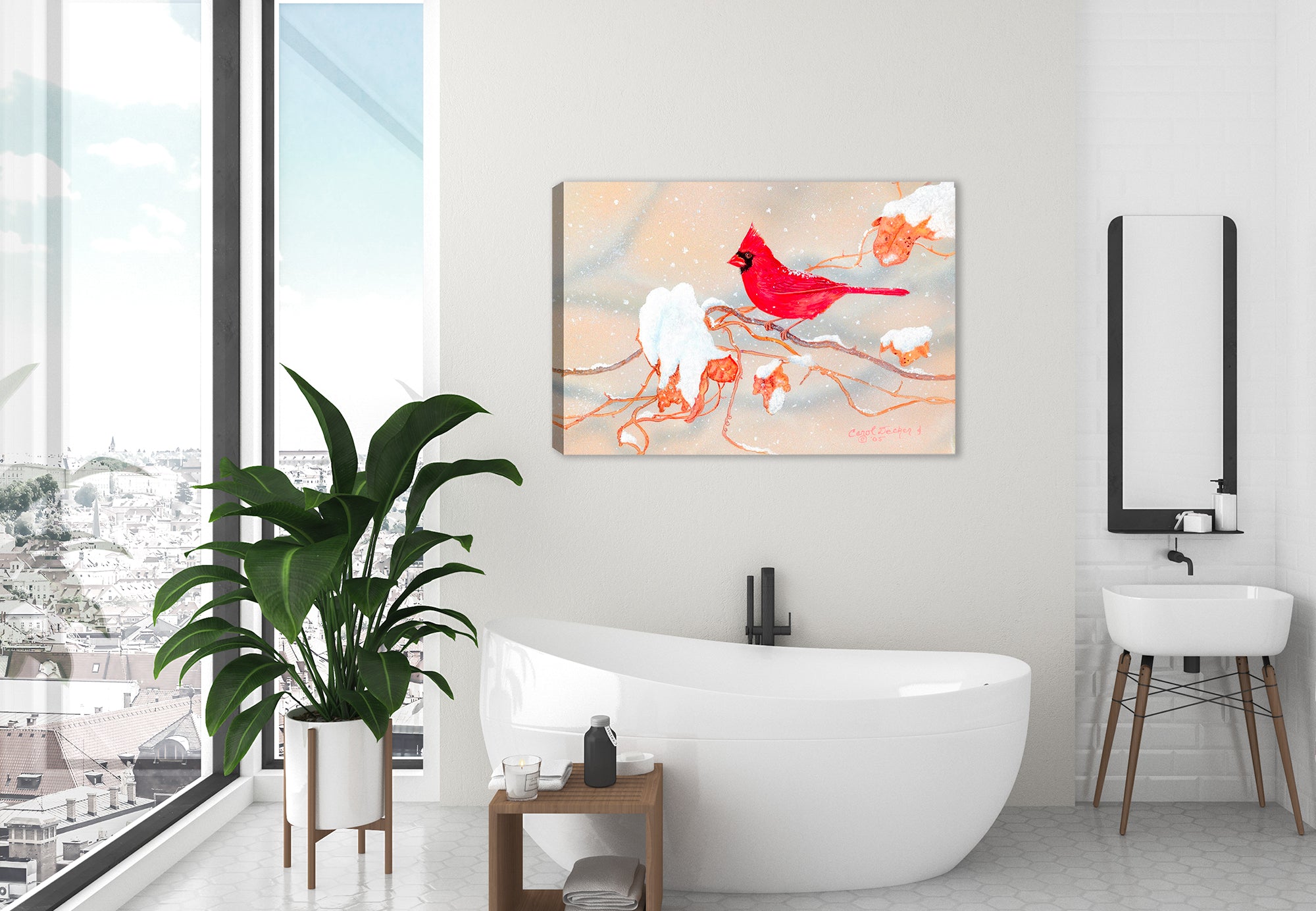 Painting of "Winter Beauty Cardinal" by Carol Decker - Printed on Waterproof Canvas - Hanging on Bathroom Wall 