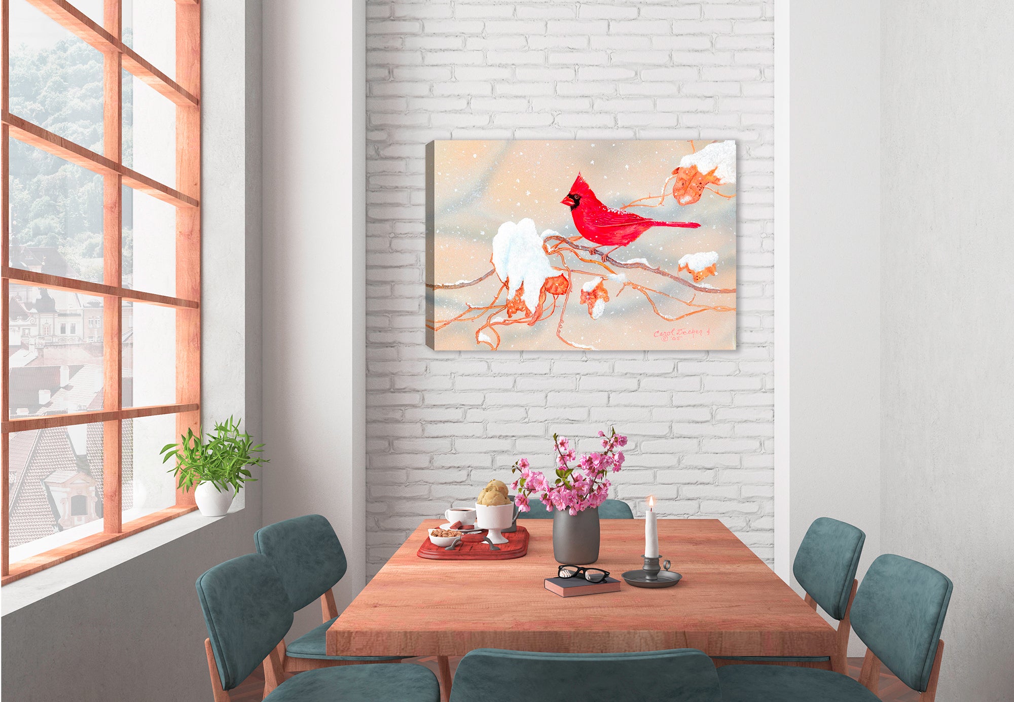 Painting of "Winter Beauty Cardinal" by Carol Decker - Printed on Waterproof Canvas - Hanging on Dining Room Wall 