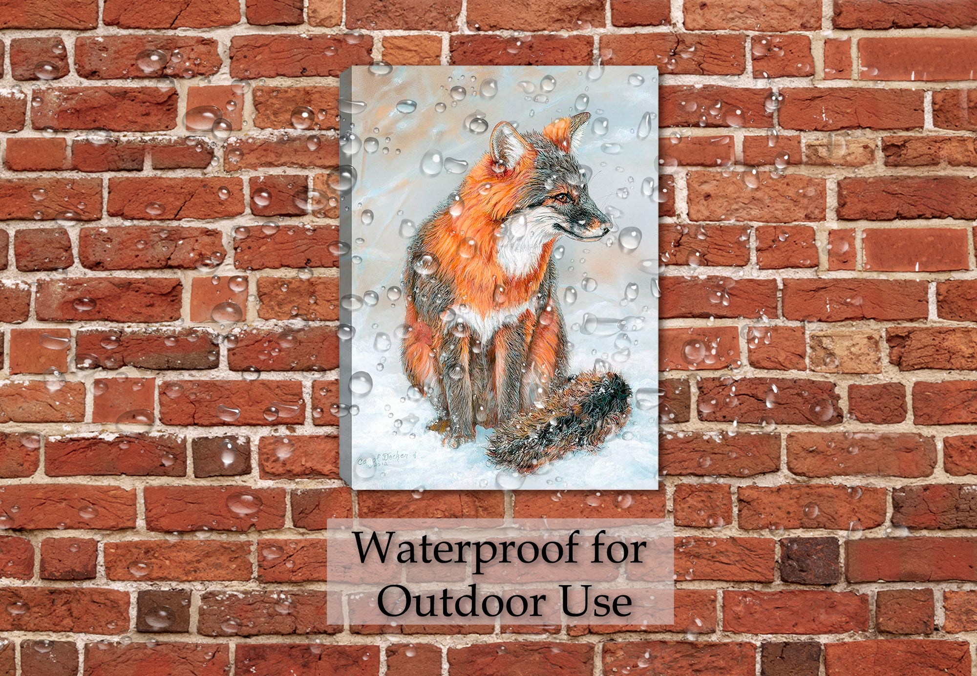 Winter Gray Fox Painting in the Snow - Printed on Waterproof Canvas - Hanging on Patio Wall in the Rain.