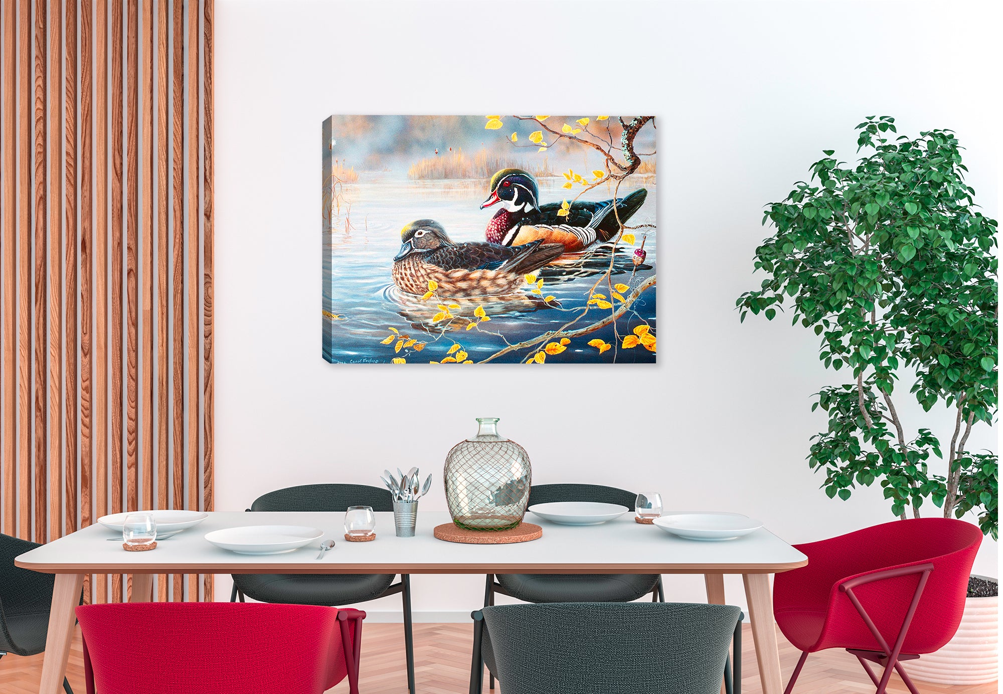 Wood Duck and Bobber by Carol Decker - Printed on Waterproof Canvas - Hanging on Dining Room Wall