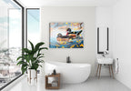 Wood Duck and Bobber by Carol Decker - Printed on Waterproof Canvas - Hanging on Bathroom Wall