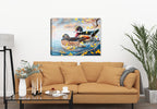 Wood Duck and Bobber by Carol Decker - Printed on Waterproof Canvas - Hanging on Living Room Wall