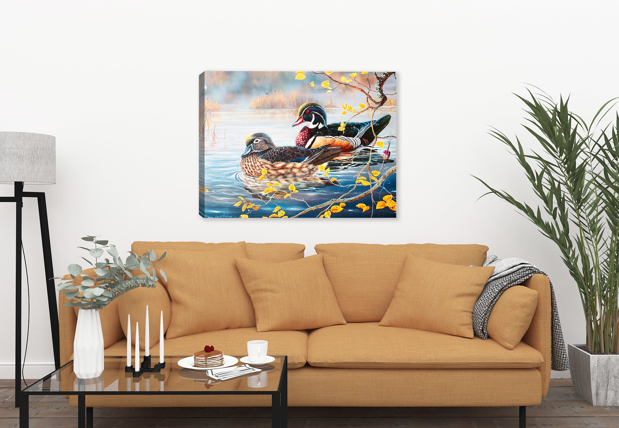 Wood Duck and Bobber by Carol Decker - Printed on Waterproof Canvas - Hanging on Living Room Wall