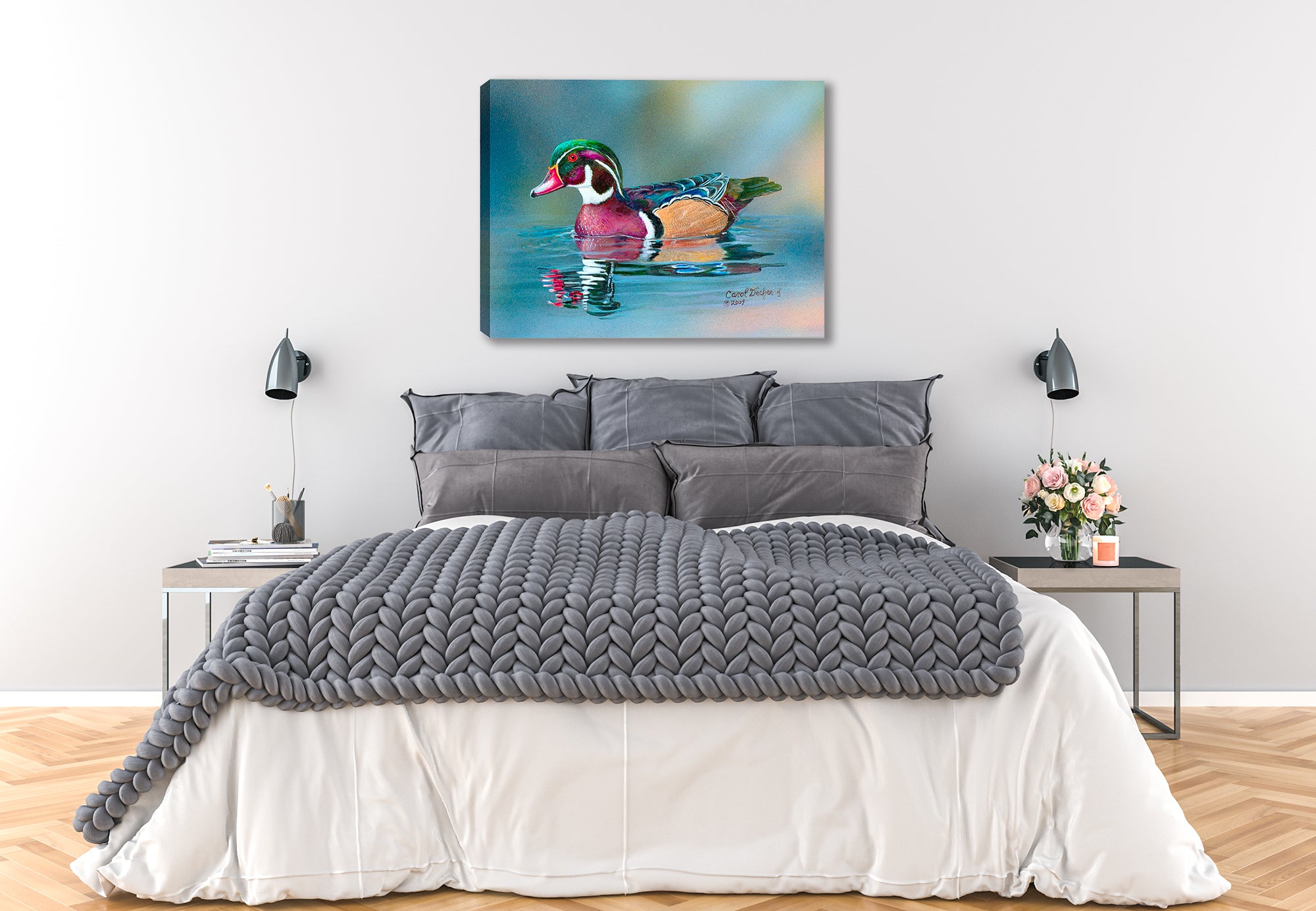Wood Duck - Fine Art Painting  -Printed on Canvas - Hanging on Bedroom Wall.
