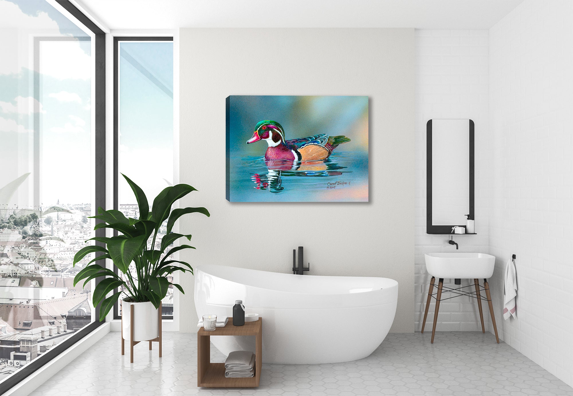 Wood Duck - Fine Art Painting  -Printed on Canvas - Hanging on Bathroom Wall.