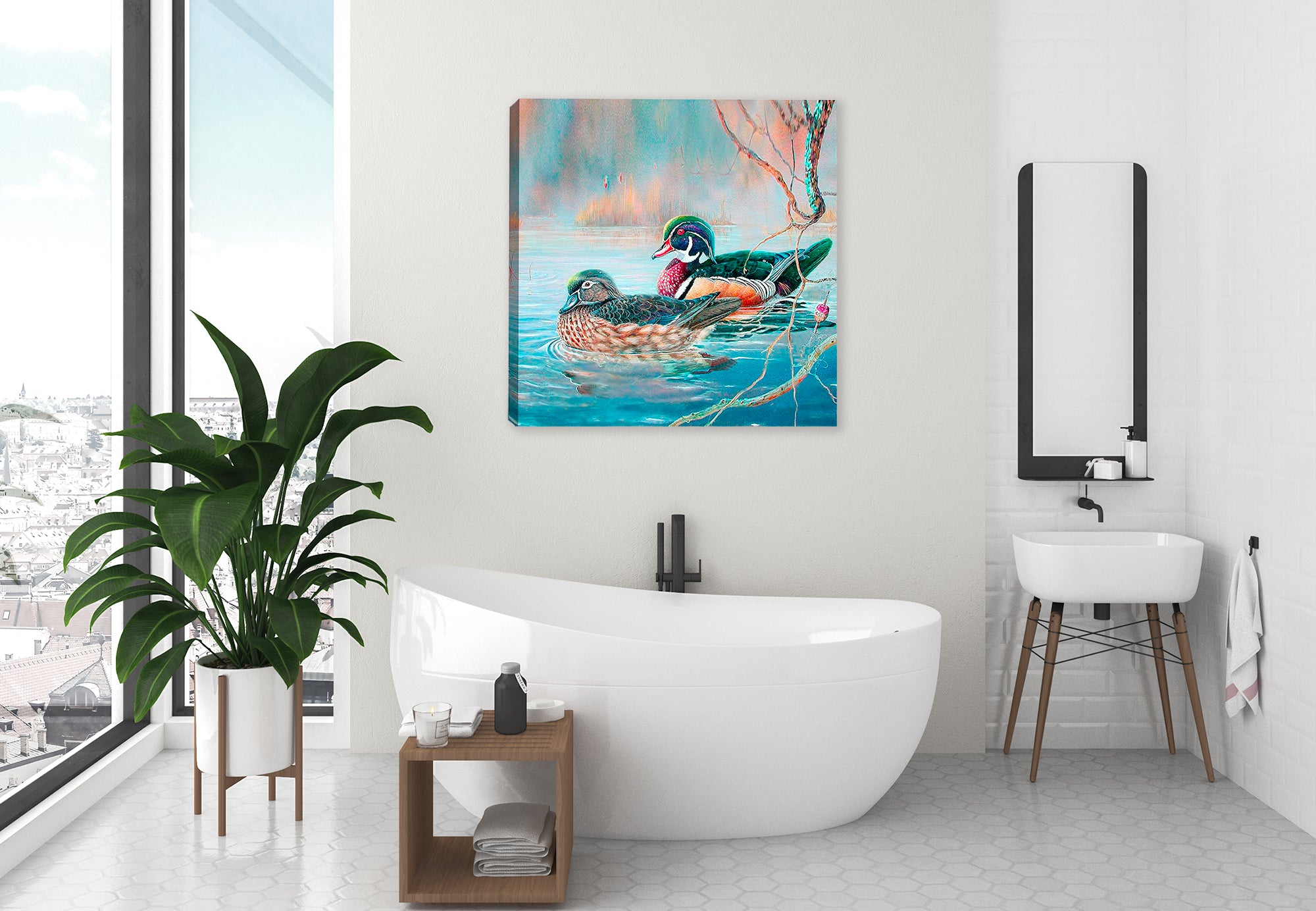 Wood Ducks on Water Painting - Printed on Canvas - Hung on Bath Wall.