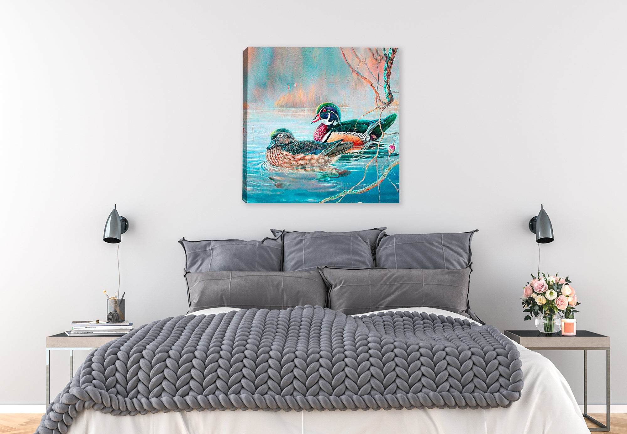 Wood Ducks on Water Painting - Printed on Canvas - Hung on Bedroom Wall.