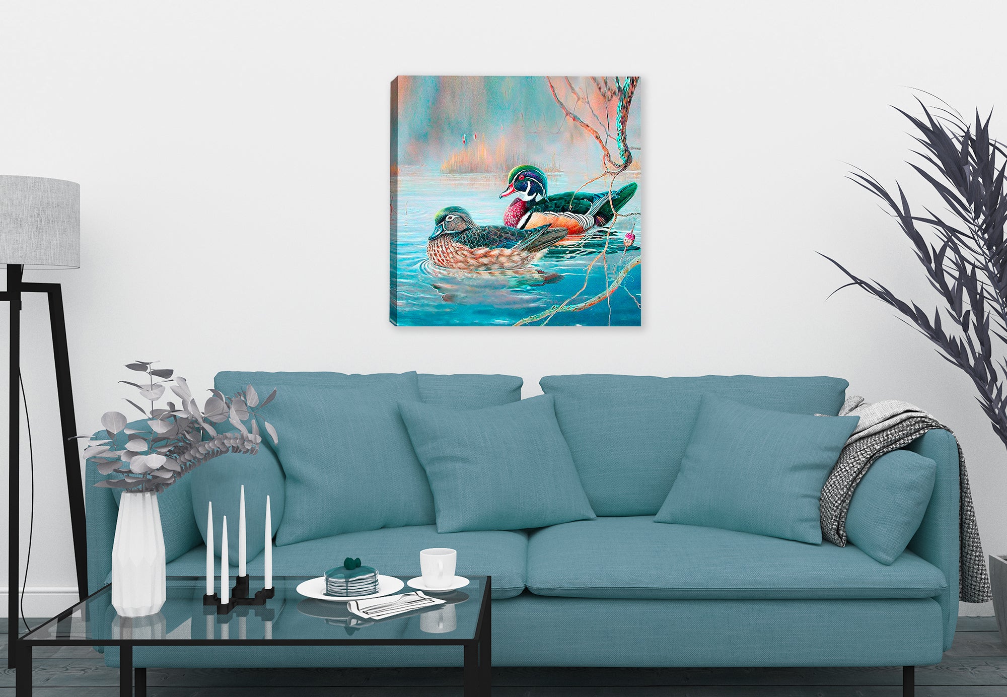Wood Ducks on Water Painting - Printed on Canvas - Hung on Living Room Wall.