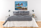 Painting of Wood Ducks swimming in Blue water - Printed on Waterproof Canvas. Hanging on Bedroom Wall