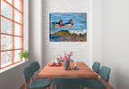Painting of Wood Ducks swimming in Blue water - Printed on Waterproof Canvas. Hanging on Dining Room Wall
