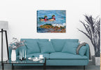 Painting of Wood Ducks swimming in Blue water - Printed on Waterproof Canvas. Hanging on Living Room Wall
