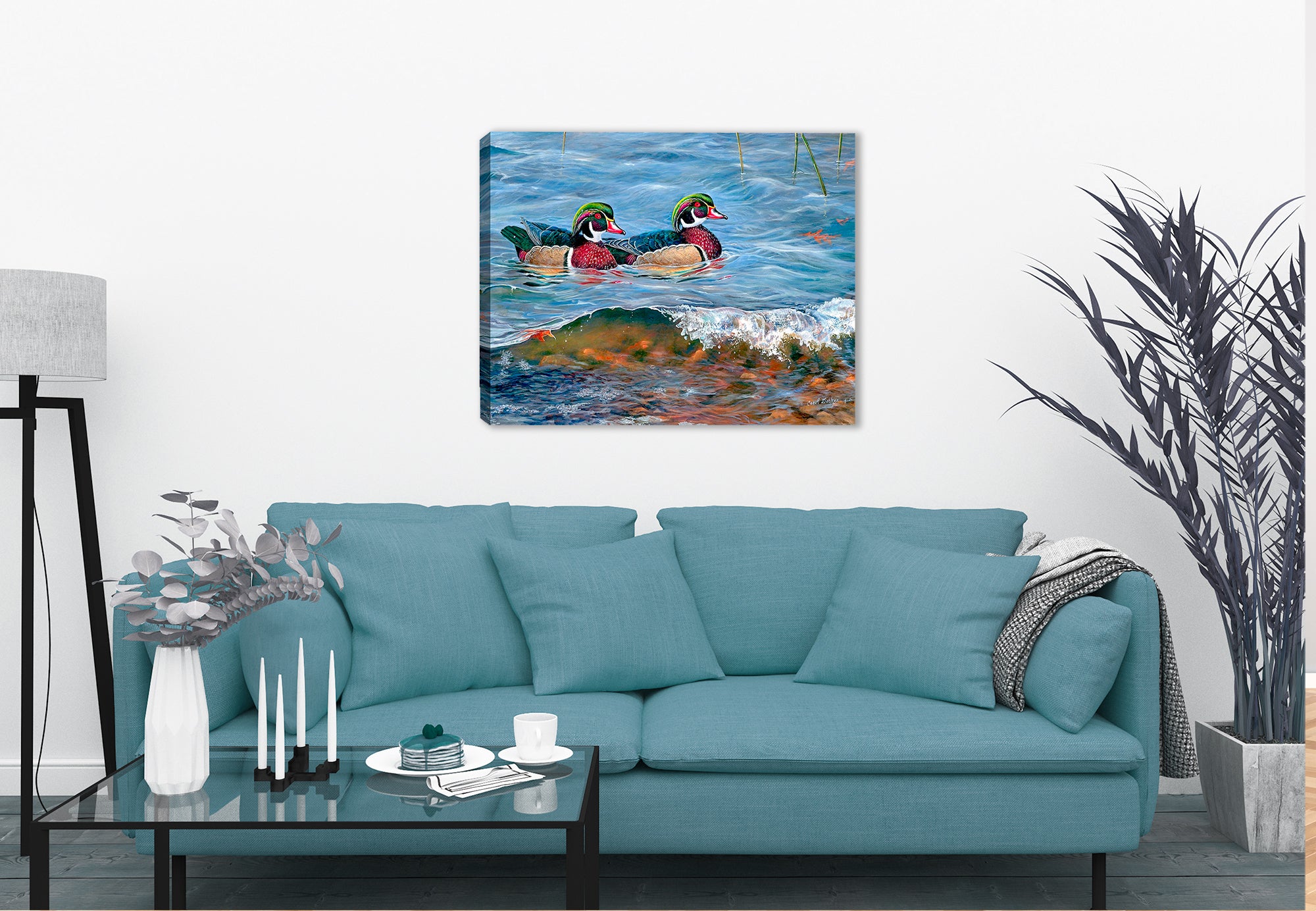 Painting of Wood Ducks swimming in Blue water - Printed on Waterproof Canvas. Hanging on Living Room Wall