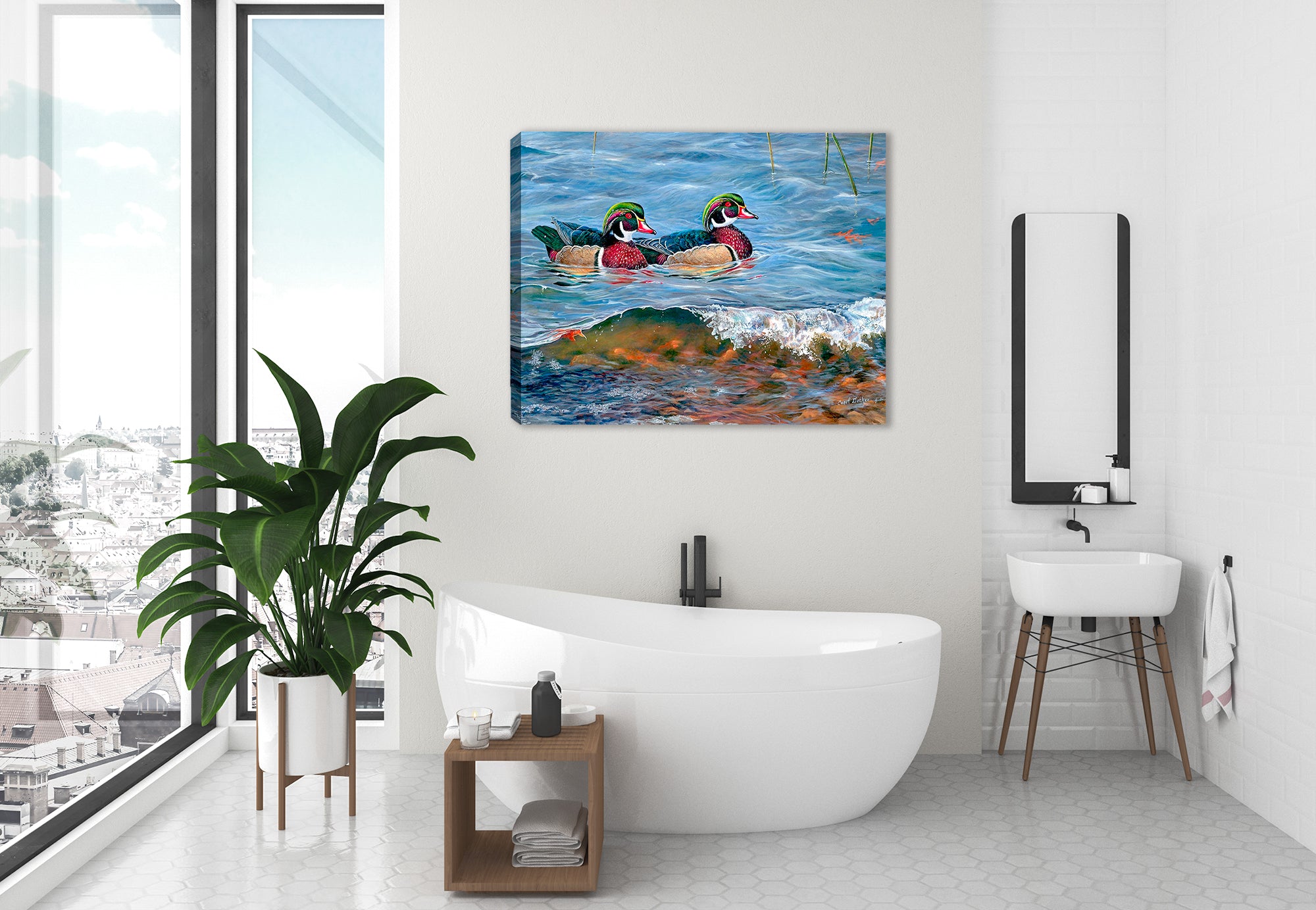 Painting of Wood Ducks swimming in Blue water - Printed on Waterproof Canvas. Hanging on Bathroom Wall