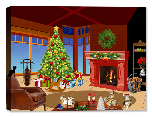 Christmas Illustration of a home decorated with lots of Holiday Accessories - Printed on Canvas