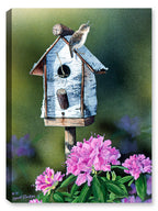 Painting of a Wren sitting on a birch bird house with colorful flowers in the foreground. Printed on Waterproof Canvas for Indoor our Outdoor Use