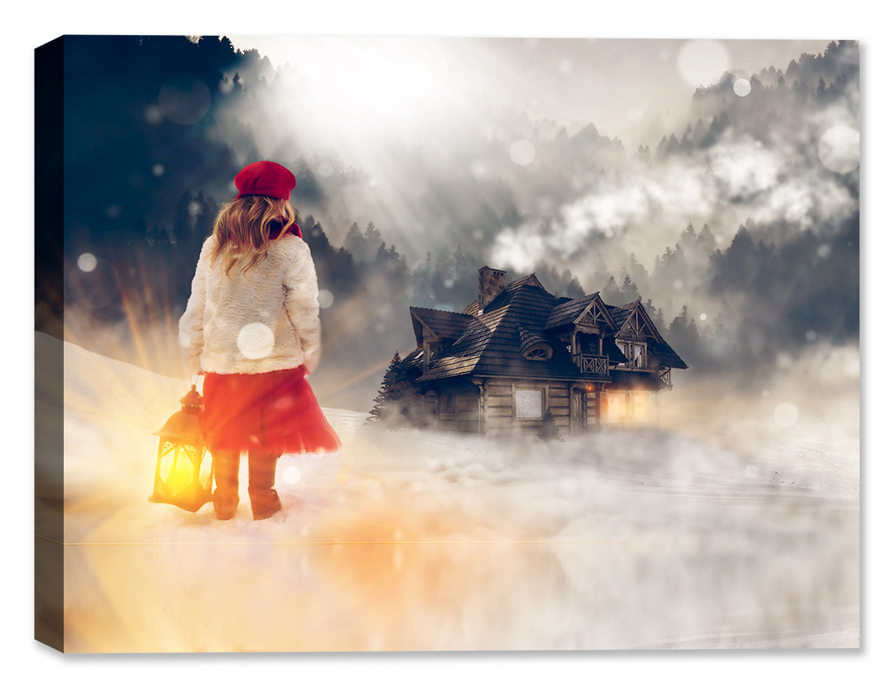 Young Girl holding a Lantern standing in the snow gazing out a house in the distance.  Fine Art Printed on Canvas.  