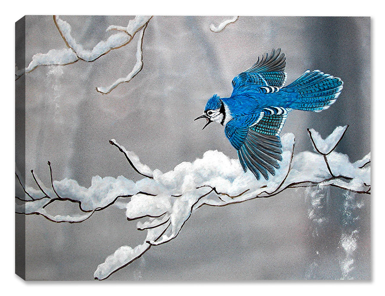 Painting of a Bluejay in Winter by Carol Decker - printed on a canvas wrap.